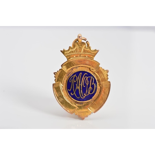 101 - A 9CT GOLD MASONIC SHIELD FOB, enamelled to the front with scroll in initials, by Bros of the Unity ... 