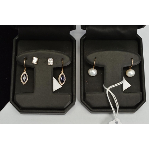 103 - THREE PAIRS OF EARRINGS to include an amethyst and diamond marquise drop, freshwater cultured pearl ... 