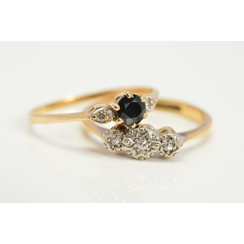 111 - TWO DIAMOND RINGS to include a three stone diamond ring, ring size N1/2, a 9ct gold sapphire and dia... 