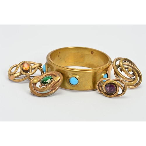 114 - A MIXED COLLECTION to include four Victorian gold plated scroll design brooches, three set with past... 