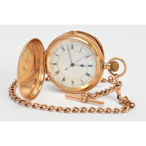 115 - AN EARLY 20TH CENTURY 9CT GOLD POCKET WATCH AND SINGLE ALBERT CHAIN, a full hunter, white enamelled ... 