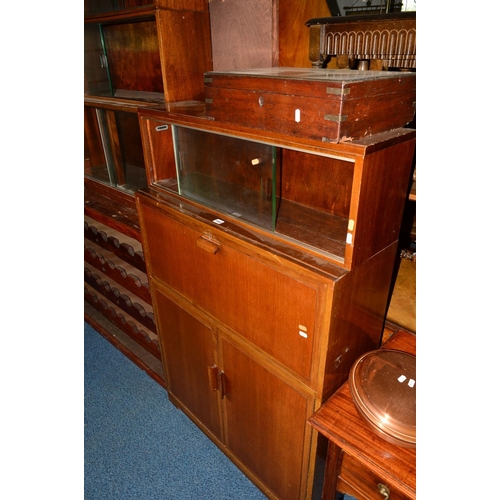 1443 - A MINTY MAHOGANY SECTIONAL BOOKCASE, with a fall front bureau section, together with a matching thre... 