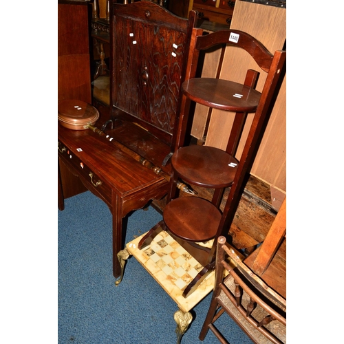 1445 - A MARBLE TOPPED GAMES TABLE on a seperate brass frame, together with a mahogany folding cake stand, ... 