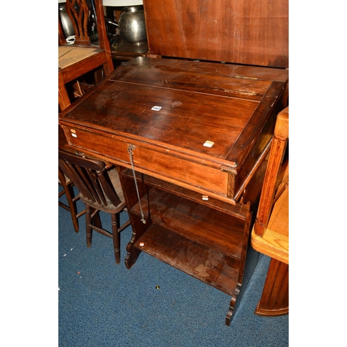 1447 - A HARDWOOD LEDGER DESK above open shelves, width 74cm x depth 54cm x height 121cm