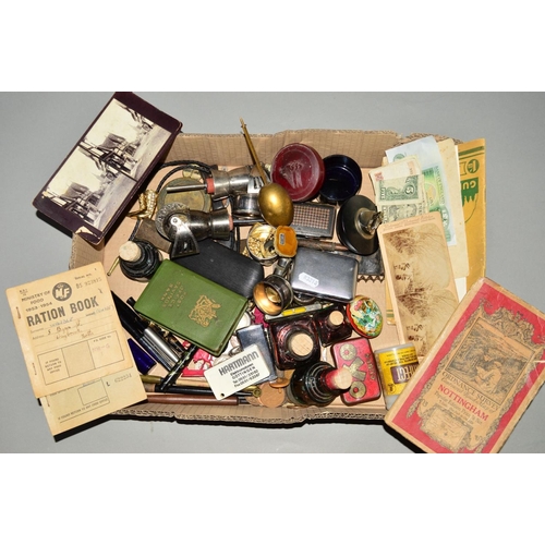 160 - A BOX OF COLLECTABLES to include bank notes, ration books, maps, ink bottles, pens, tins, watches, l... 