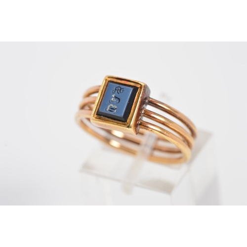 66 - A ROSE GOLD SARDONYX RING, triple wire band to a rectangular sardonyx with engraved initials, ring s... 