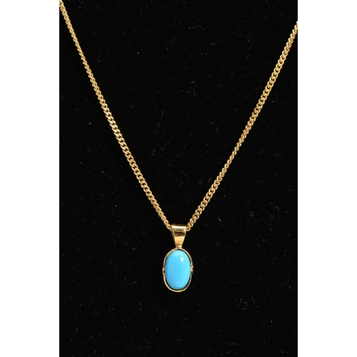 72 - A MODERN 18CT GOLD SINGLE STONE OVAL TURQUOISE PENDANT, measuring approximately 10.6mm in length, to... 