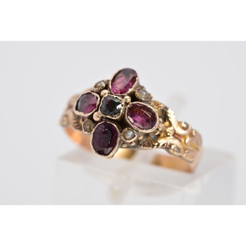 78 - A MID VICTORIAN GOLD AMETHYST AND SPLIT PEARL RING, designed as four oval amethysts in a flower shap... 