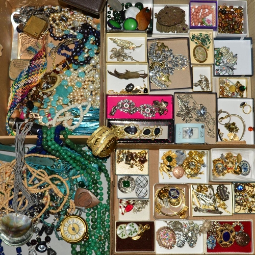 90 - THREE BOXES OF COSTUME JEWELLERY, to include brooches, badges, earrings, necklaces, some gem pieces,... 