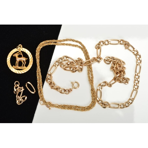 92 - A GOLD COLLECTION OF JEWELLERY, to include a hollow Figaro link chain measuring 430mm in length, hal... 