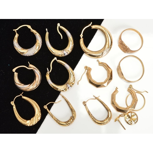 93 - A COLLECTION OF GOLD JEWELLERY, to include various creole and hoop style earrings (some a/f ) and tw... 