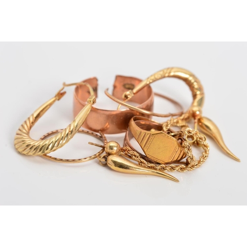 95 - A MISCELLANEOUS COLLECTION OF JEWELLERY, to include creole and hoop style earrings, a rose gold wedd... 