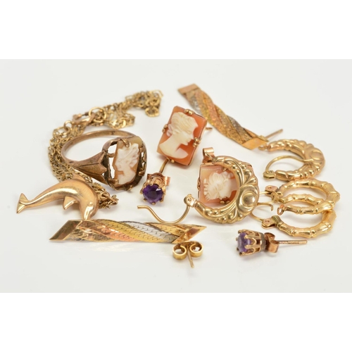 96 - A MISCELLANEOUS COLLECTION OF JEWELLERY, to include creole and hoop style earrings, a cameo ring and... 