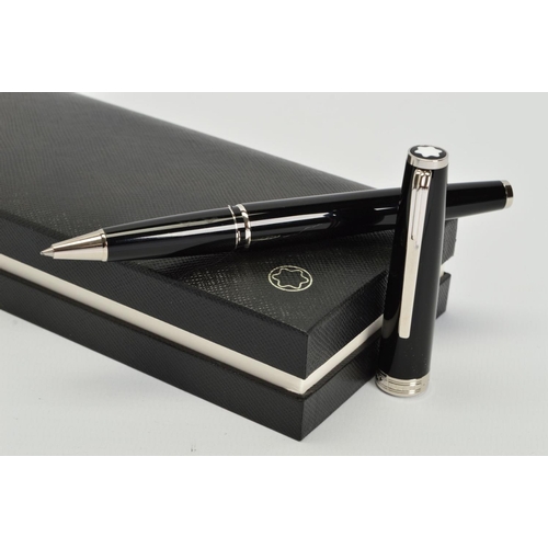 108 - A MONT BLANC PIX BLACK ROLLER BALL PEN, the black resin cap and barrel with platinum coated details ... 