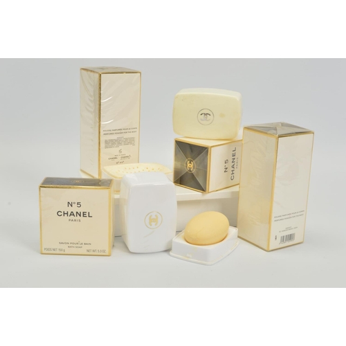 109 - A SELECTION OF CHANEL NO.5 TOILETRIES, to include three boxed and sealed Chanel No.5 talcs, 150 gram... 