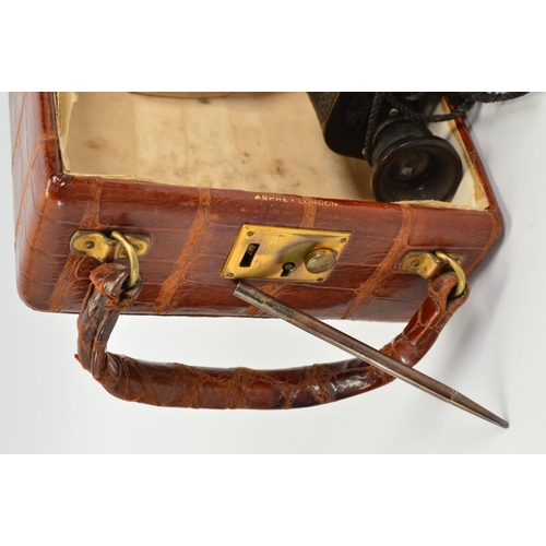 112 - ASPREY VINTAGE ALLIGATOR LADIES HORSE RACING BAG, of rectangular box shape outline, opening to revea... 