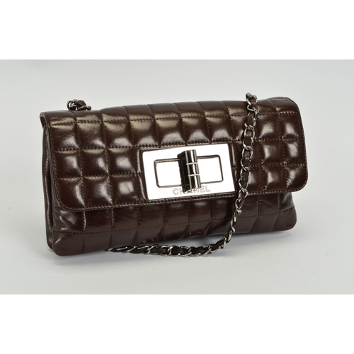 CHANEL CHOCOLATE BAR REISSUE FLAP BAG, the quilted chocolate brown leather  with gun metal hardware
