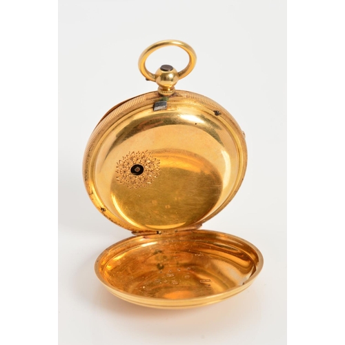 61 - AN 18CT GOLD POCKET WATCH, measuring approximately 43mm in diameter, fancy floral dial with seconds ... 