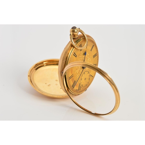 61 - AN 18CT GOLD POCKET WATCH, measuring approximately 43mm in diameter, fancy floral dial with seconds ... 