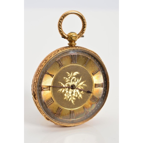 62 - A GOLD POCKET WATCH, measuring approximately 38mm in diameter, floral patterned gilt dial, Roman num... 