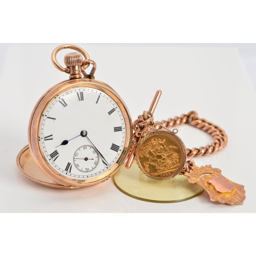 63 - AN EARLY 20TH CENTURY 9CT GOLD WALTHAM POCKET WATCH AND ALBERT CHAIN, pocket watch measuring approxi... 