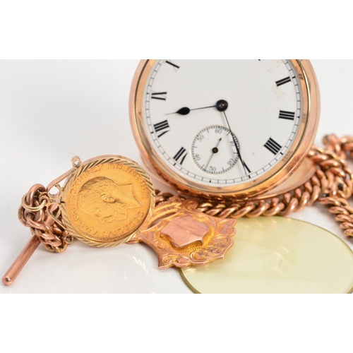 63 - AN EARLY 20TH CENTURY 9CT GOLD WALTHAM POCKET WATCH AND ALBERT CHAIN, pocket watch measuring approxi... 