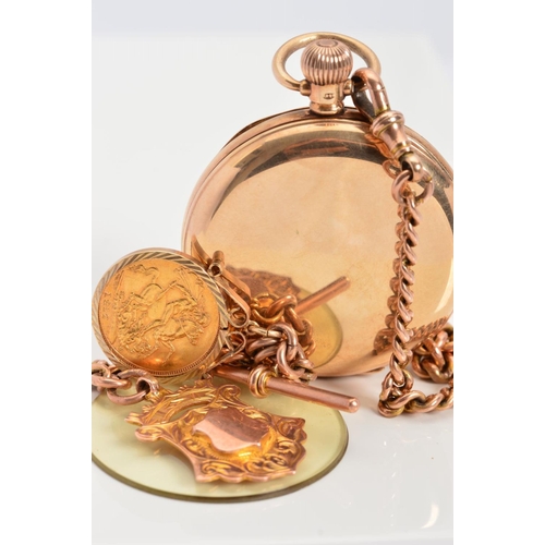 63 - AN EARLY 20TH CENTURY 9CT GOLD WALTHAM POCKET WATCH AND ALBERT CHAIN, pocket watch measuring approxi... 