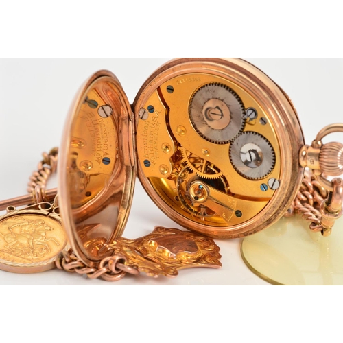 63 - AN EARLY 20TH CENTURY 9CT GOLD WALTHAM POCKET WATCH AND ALBERT CHAIN, pocket watch measuring approxi... 