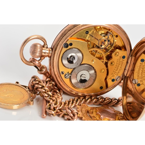 63 - AN EARLY 20TH CENTURY 9CT GOLD WALTHAM POCKET WATCH AND ALBERT CHAIN, pocket watch measuring approxi... 