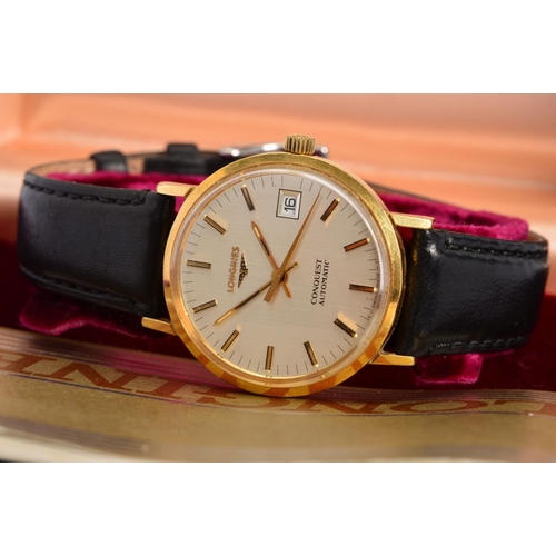 66 - A 1970'S LONGINES GOLD PLATED CONQUEST AUTOMATIC WRISTWATCH, gold baton and round silver coloured di... 