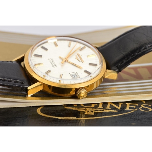 66 - A 1970'S LONGINES GOLD PLATED CONQUEST AUTOMATIC WRISTWATCH, gold baton and round silver coloured di... 