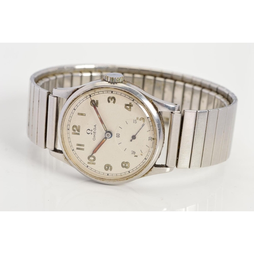 68 - OMEGA MID 20TH CENTURY MECHANIC WRISTWATCH, round stainless steel case with a silvered Arabic numera... 