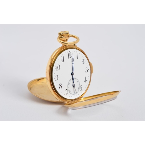 75 - AN 18CT OPEN FACED QUARTER REPEATER POCKET WATCH, enamel Arabic numeral dial with a subsidiary dial,... 