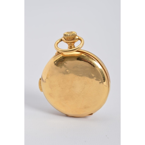 75 - AN 18CT OPEN FACED QUARTER REPEATER POCKET WATCH, enamel Arabic numeral dial with a subsidiary dial,... 