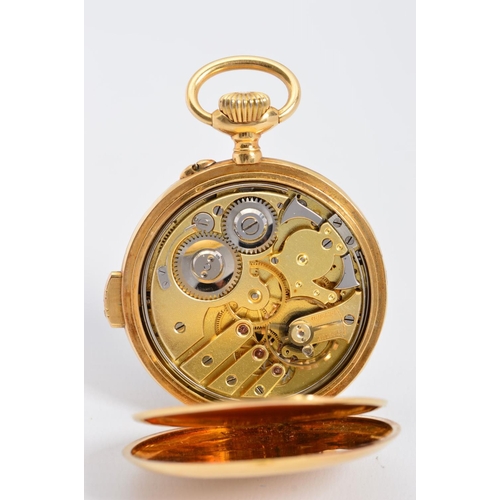 75 - AN 18CT OPEN FACED QUARTER REPEATER POCKET WATCH, enamel Arabic numeral dial with a subsidiary dial,... 