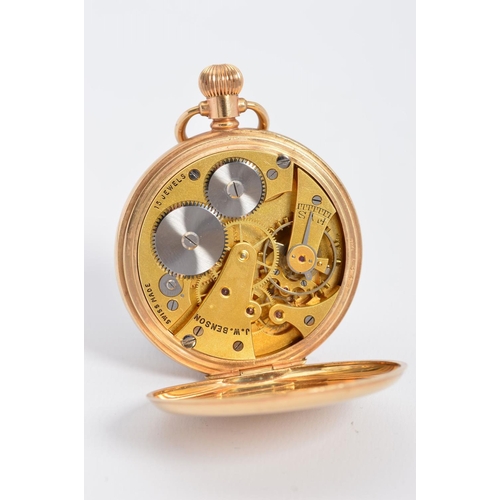 76 - A 9CT OPEN FACED POCKET WATCH BY J.W. BENSON, enamel Roman numeral dial with a subsidiary dial, Lond... 