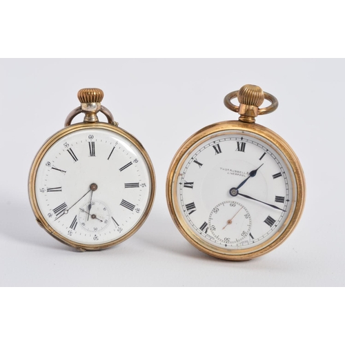 77 - A ROLLED GOLD OPEN POCKET WATCH BY THOMAS RUSSEL, Roman numeral enamel dial with a subsidiary dial, ... 