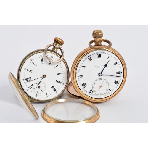 77 - A ROLLED GOLD OPEN POCKET WATCH BY THOMAS RUSSEL, Roman numeral enamel dial with a subsidiary dial, ... 