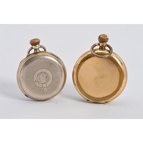 77 - A ROLLED GOLD OPEN POCKET WATCH BY THOMAS RUSSEL, Roman numeral enamel dial with a subsidiary dial, ... 