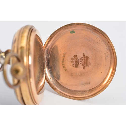 77 - A ROLLED GOLD OPEN POCKET WATCH BY THOMAS RUSSEL, Roman numeral enamel dial with a subsidiary dial, ... 