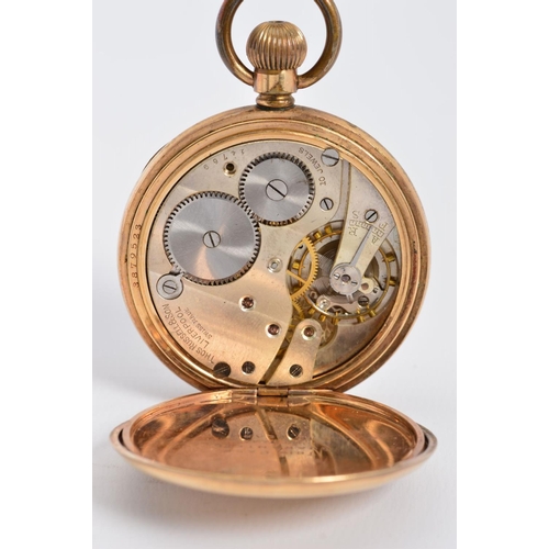 77 - A ROLLED GOLD OPEN POCKET WATCH BY THOMAS RUSSEL, Roman numeral enamel dial with a subsidiary dial, ... 