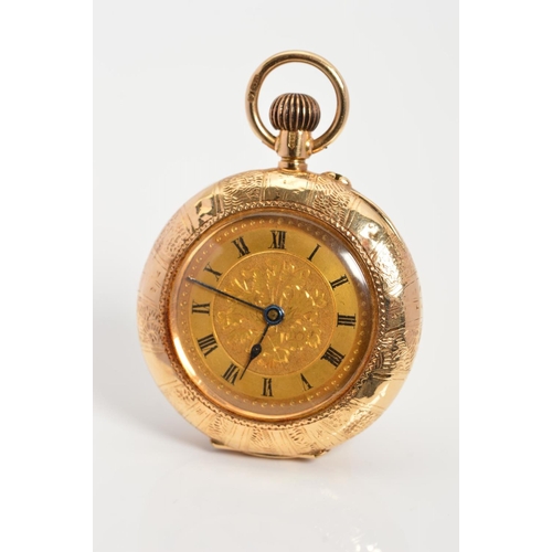 78 - A 15CT LADIES POCKET WATCH, floral decoration, gold dial with Roman numerals, cartouche displayed on... 