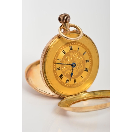 78 - A 15CT LADIES POCKET WATCH, floral decoration, gold dial with Roman numerals, cartouche displayed on... 