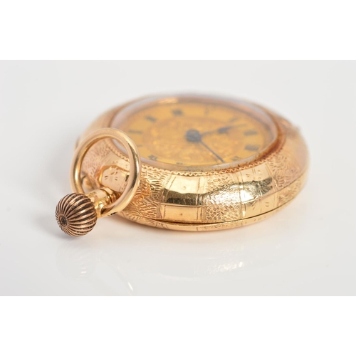 78 - A 15CT LADIES POCKET WATCH, floral decoration, gold dial with Roman numerals, cartouche displayed on... 