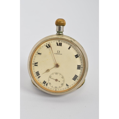 84 - AN OMEGA OPEN FACED POCKET WATCH, Roman numeral, enamel dial with subsidiary seconds dial, discolour... 