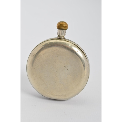 84 - AN OMEGA OPEN FACED POCKET WATCH, Roman numeral, enamel dial with subsidiary seconds dial, discolour... 