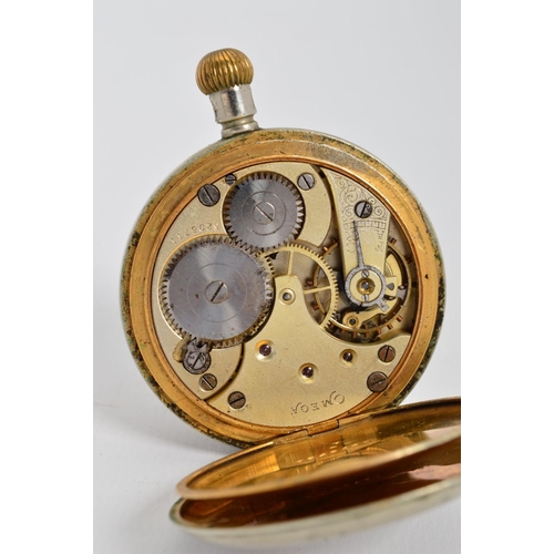 84 - AN OMEGA OPEN FACED POCKET WATCH, Roman numeral, enamel dial with subsidiary seconds dial, discolour... 