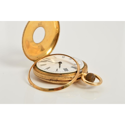 85 - A CASED 18CT LADIES HALF HUNTER FOB WATCH, plated dust cover, Roman numeral, enamel dial, bent hands... 