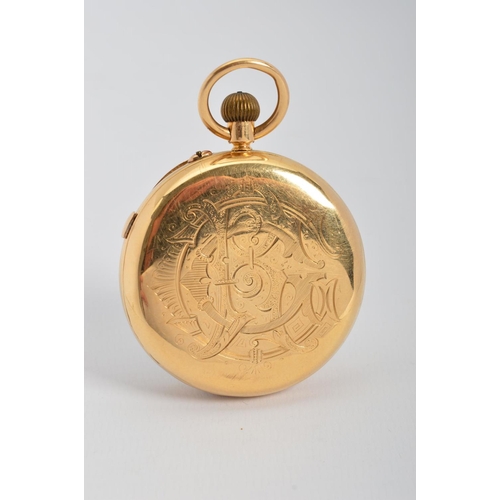 86 - AN 18CT OPEN FACED CHRONOGRAPH POCKET WATCH, engraved monogram to case back, Roman numeral, enamel d... 