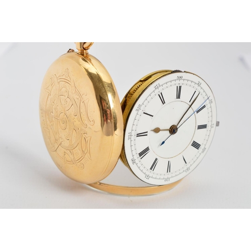 86 - AN 18CT OPEN FACED CHRONOGRAPH POCKET WATCH, engraved monogram to case back, Roman numeral, enamel d... 